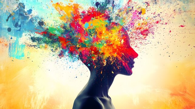 A human silhouette with vibrant abstract shapes and colors exploding from the head, symbolizing creativity and thoughts