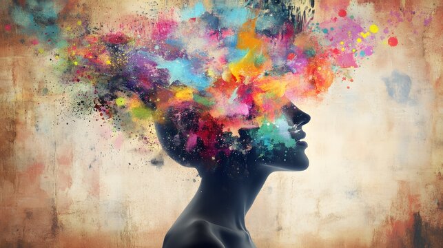 A human silhouette with vibrant abstract shapes and colors exploding from the head, symbolizing creativity and thoughts