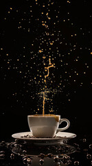 Coffee splashes from a cup against a dark background during a dynamic motion capture