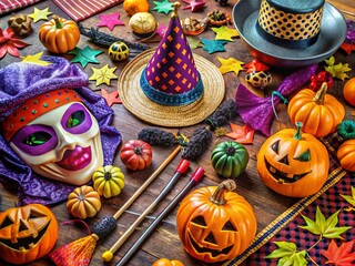 A colorful assortment of accessories and props, including wands, hats, and masks, laid out on a decorative tablecloth,