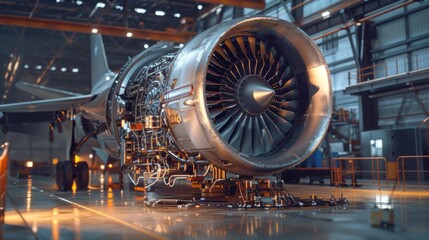 A large jet engine is on display in a hangar