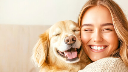 Golden Retriever and Owner's Unconditional Love:  A close-up portrait of a beautiful woman with a golden retriever, both with eyes closed and radiant smiles, embracing the purest form of companionship