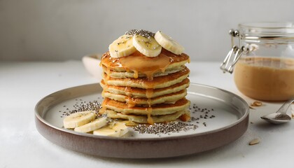 Gluten-free pancakes stacked high, drizzled with almond butter with fresh bananas and chia seeds