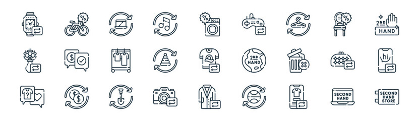 27 set of outline second hand products icons such as second hand, bike, laptop, furniture, toys, mobile phone, coat, second hand vector thin line icons for web design, mobile app.