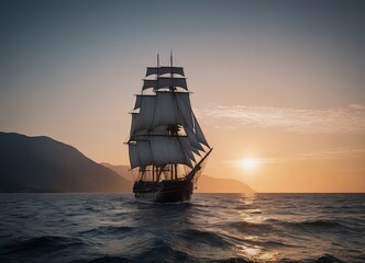 A beautiful sailboat is gently floating on the calm water during sunset