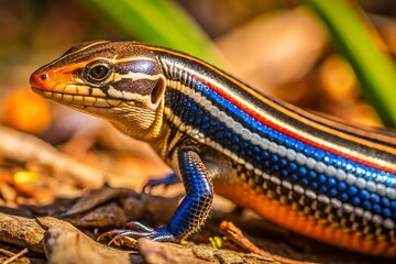 A colorful Common Five-lined Skink, native to North Carolina, blends into its natural habitat, showcasing its vibrant