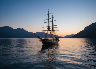 Obraz premium A beautiful sailboat is gently floating on the calm water during sunset