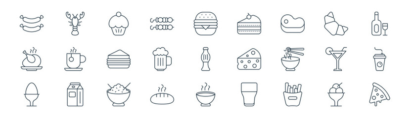 27 set of outline food and drinks icons such as ice cream, lobster, muffin, croissant, beer, coffee, soup, pizza vector thin line icons for web design, mobile app.