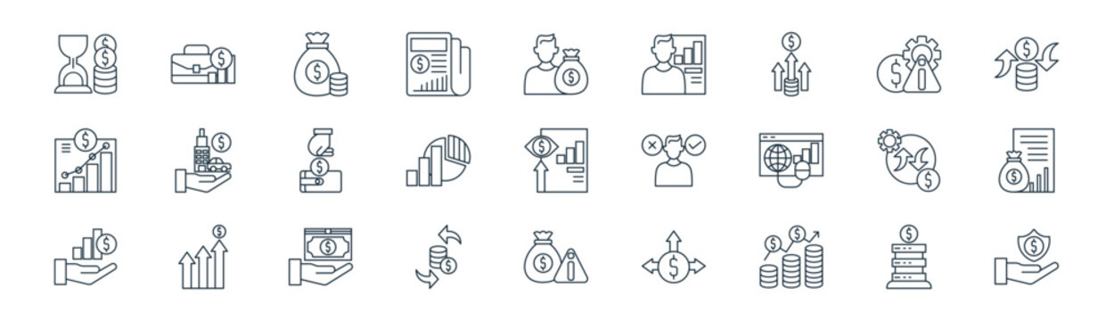 27 set of outline investment icons such as data, business, money bag, reduction, chart, information, investment, save vector thin line icons for web design, mobile app.
