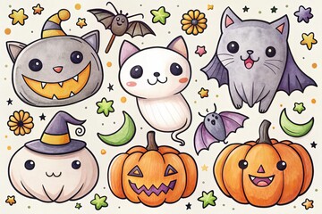 Fototapeta premium A colorful illustration of simple Halloween-themed drawings, including cats, bats, ghosts, and jack-o'-lanterns,