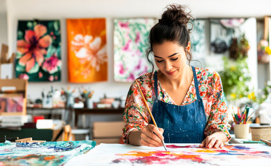 Fototapeta premium Blooming Canvas, Blossoming Artist: A young woman engrossed in her craft, meticulously painting vibrant floral designs in her sunlit studio. 