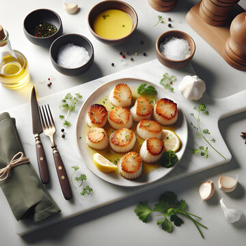 Queenie Scallops with Garlic Butter on Marble Counter