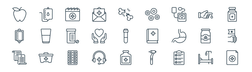 27 set of outline hospital icons such as intravenous saline drip, drip, appointment, blood, heart, flag, medicine, document vector thin line icons for web design, mobile app.