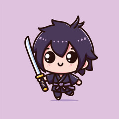  A cute samurai with a katana sword cartoon character Illustration