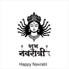 Happy Navratri festival celebration poster or banner design, illustration of Goddess Durga Maa, woman dancing with dandiya stick and drummer