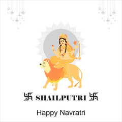 Happy Navratri festival celebration poster or banner design, illustration of Goddess Durga Maa, woman dancing with dandiya stick and drummer