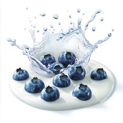 Juicy blueberries splash into a pool of milk, creating a dynamic display of freshness and vitality.