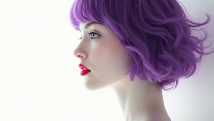 Minimalist portrait of a woman with purple hair bright red lips and a green eye