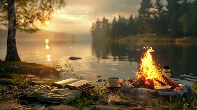  Open book and crackling bonfire by a peaceful lake in the evening, warm and tranquil outdoor setting
 Seamless looping 4k time-lapse virtual video animation Generated AI