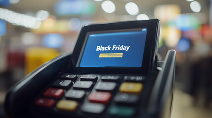 Black Friday displayed on a payment terminal screen in a busy retail environment