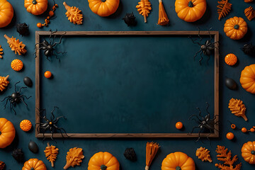 Halloween frame with party decorations of pumpkins, bats, ghosts, spiders on blue background from above. Happy halloween card in flat lay style.