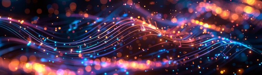 Obraz premium Abstract colorful background with music notes and bokeh lights.