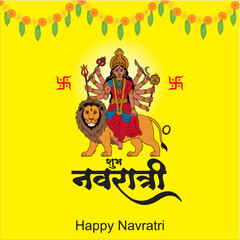 Happy Navratri festival celebration poster or banner design, illustration of Goddess Durga Maa, woman dancing with dandiya stick and drummer