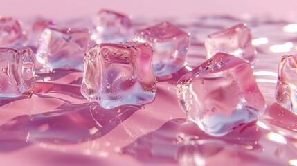 pastel pink background with ice cubes and water drops