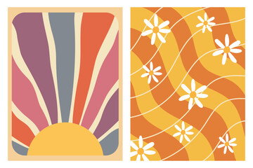 Abstract Retro Sun and Daisies with Wavy Lines © Sabavector