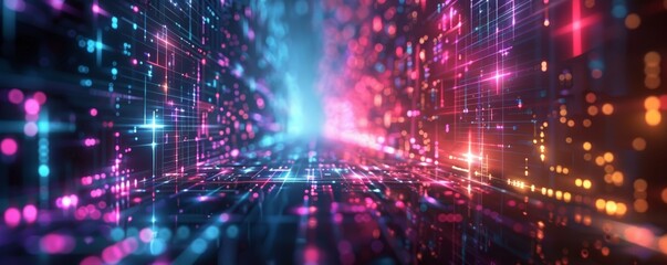 Obraz premium Digital 3D music festival with holographic effects, 3D background music, advanced and lively, Abstract cosmic background with blue and red lights and particles.