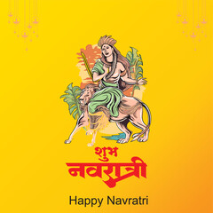 Happy Navratri festival celebration poster or banner design, illustration of Goddess Durga Maa, woman dancing with dandiya stick and drummer