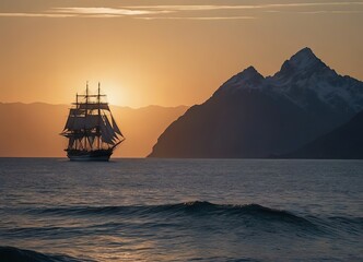 Fototapeta premium A beautiful sailboat is gently floating on the calm water during sunset