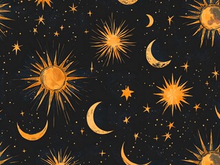 Celestial pattern with suns moons and stars on a dark background