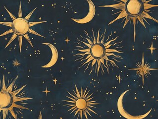 Celestial pattern with suns moons and stars on a dark background