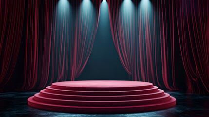 red podium with theater curtains and spotlight, Pedestal stage for luxury fashion presentation