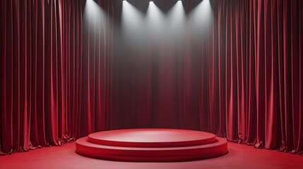 red podium with theater curtains and spotlight, Pedestal stage for luxury fashion presentation