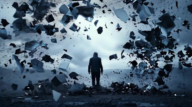 Ethereal dreamscape with floating memory fragments. Distorted landscape shifts constantly. Lone figure navigates through swirling debris of objects, faces, and places. 