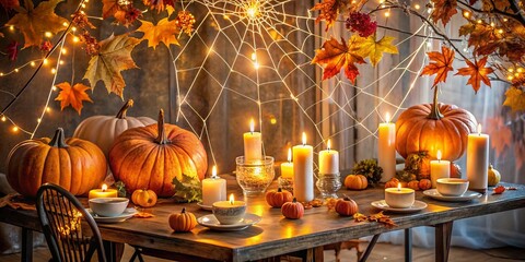 A creative DIY Halloween party setup featuring a spider web-covered table, candles, and a pumpkin centerpiece