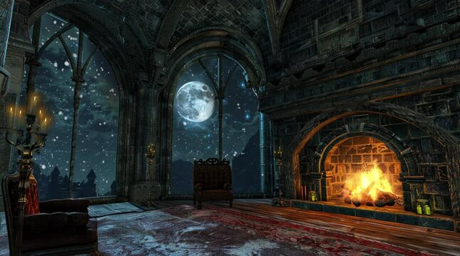 Grand castle room with a crackling fireplace and large window, overlooking a full moonlit night, creating a warm yet mysterious ambi Seamless looping 4k time-lapse virtual video animation Generated AI