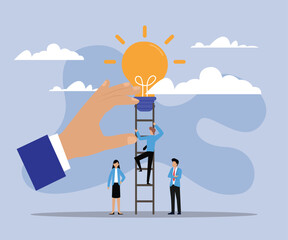 Business team assists colleagues in climbing stairs to reach new lightbulb ideas 2d flat vector illustrations