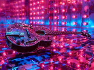 Obraz premium Acoustic guitar with a unique design, resting on a reflective surface with pink and blue lighting.