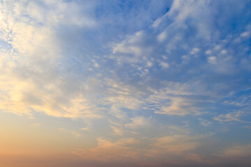 Sunset Sky Clouds in the Evening Summer with Orange, Yellow sunlight in Golden hour or Morning Sunrise, Horizon Summer sky nature Background