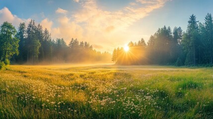 Golden Sunrise Over a Misty Meadow