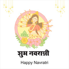 Happy Navratri festival celebration poster or banner design, illustration of Goddess Durga Maa, woman dancing with dandiya stick and drummer