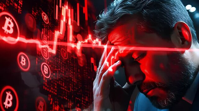 A businessman in exhausted, villainous attire sadly when the bitcoin price going down