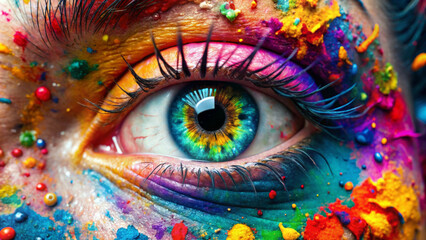 A close-up of a human eye surrounded by vibrant, multicolored pigments creates a striking visual effect. The colors blend harmoniously, highlighting the intricate details of the eye.AI generated.