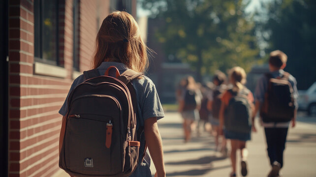 Children walking to school in a sunny neighborhood with backpacks on a weekday morning