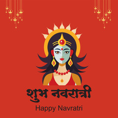 Happy Navratri festival celebration poster or banner design, illustration of Goddess Durga Maa, woman dancing with dandiya stick and drummer