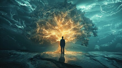 Obraz premium Silhouetted figure of a person standing amidst the glowing branches of a tree in a moody atmospheric forest setting during a dramatic sunset or dawn The image conveys a sense of mystery wonder