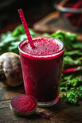 Fresh beetroot juice in glass with straw, surrounded by vibrant greens and sliced beetroot. This healthy drink showcases its rich color and natural ingredients, perfect for nutritious boost